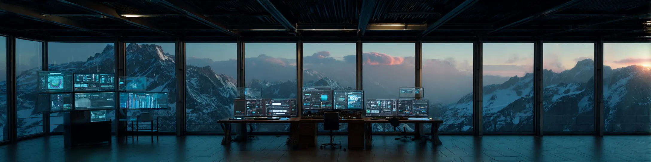 Futuristic workstation overlooking an alpine landscape at dusk