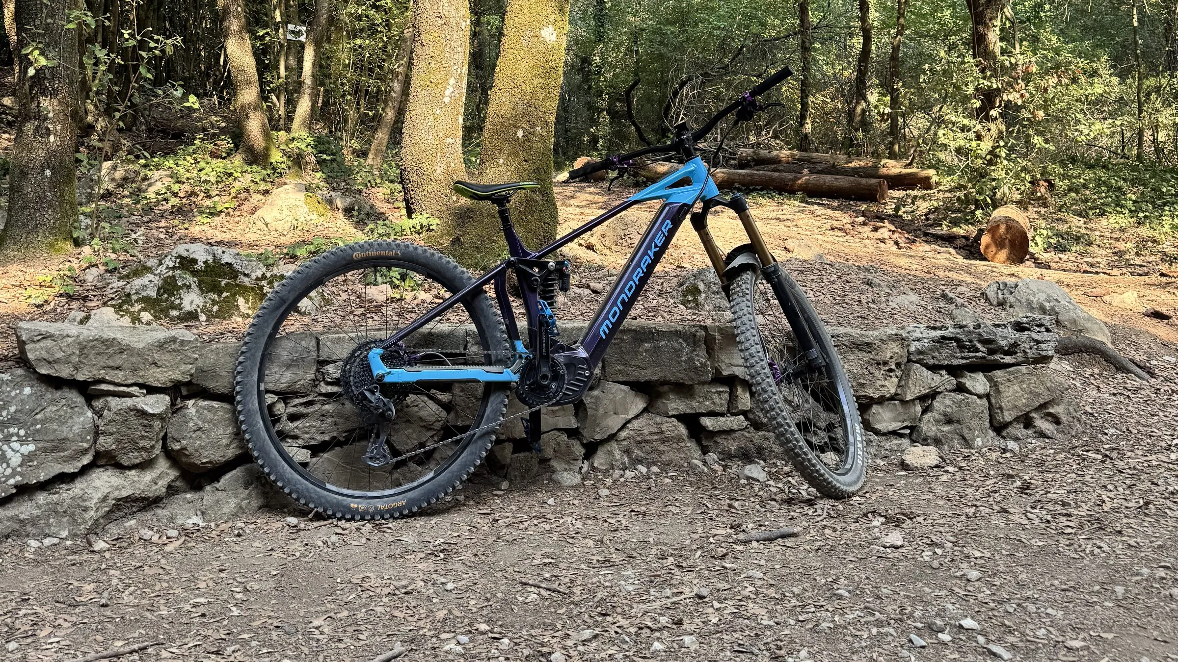 A Mondraker e-mountain bike leaning against a stone wall in the oak woods of Maremma.